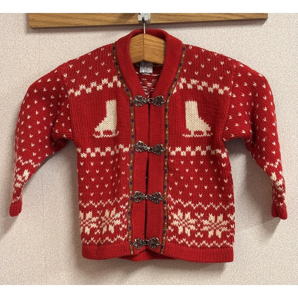 Vintage SKYR Girls 4 Red Ice Skate Nordic Cardigan Snowflake Clasp Sweater